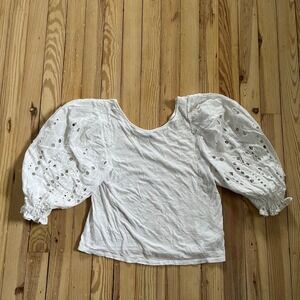 Express White‎ Eyelet Puff Balloon Sleeve Scoop Neck Lightweight Top Women's XS